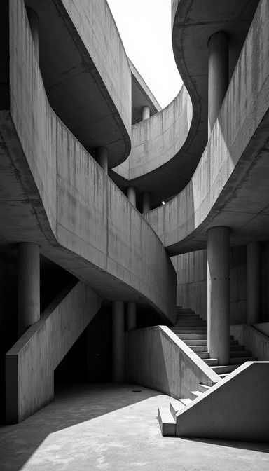 Monumentale betonnen brutalistische architectuur met gebogen loopbruggen en trappen