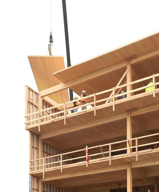 Houten meerlaagse constructie met arbeiders en hijskraan