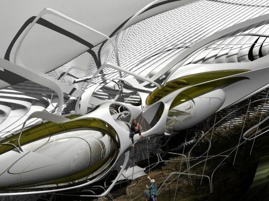 Futuristische organische architectuur met vloeiende vormen en een rasterdak
